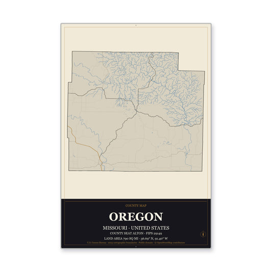 Oregon County, Missouri Map Aluminum Sign in Museum Plaque style