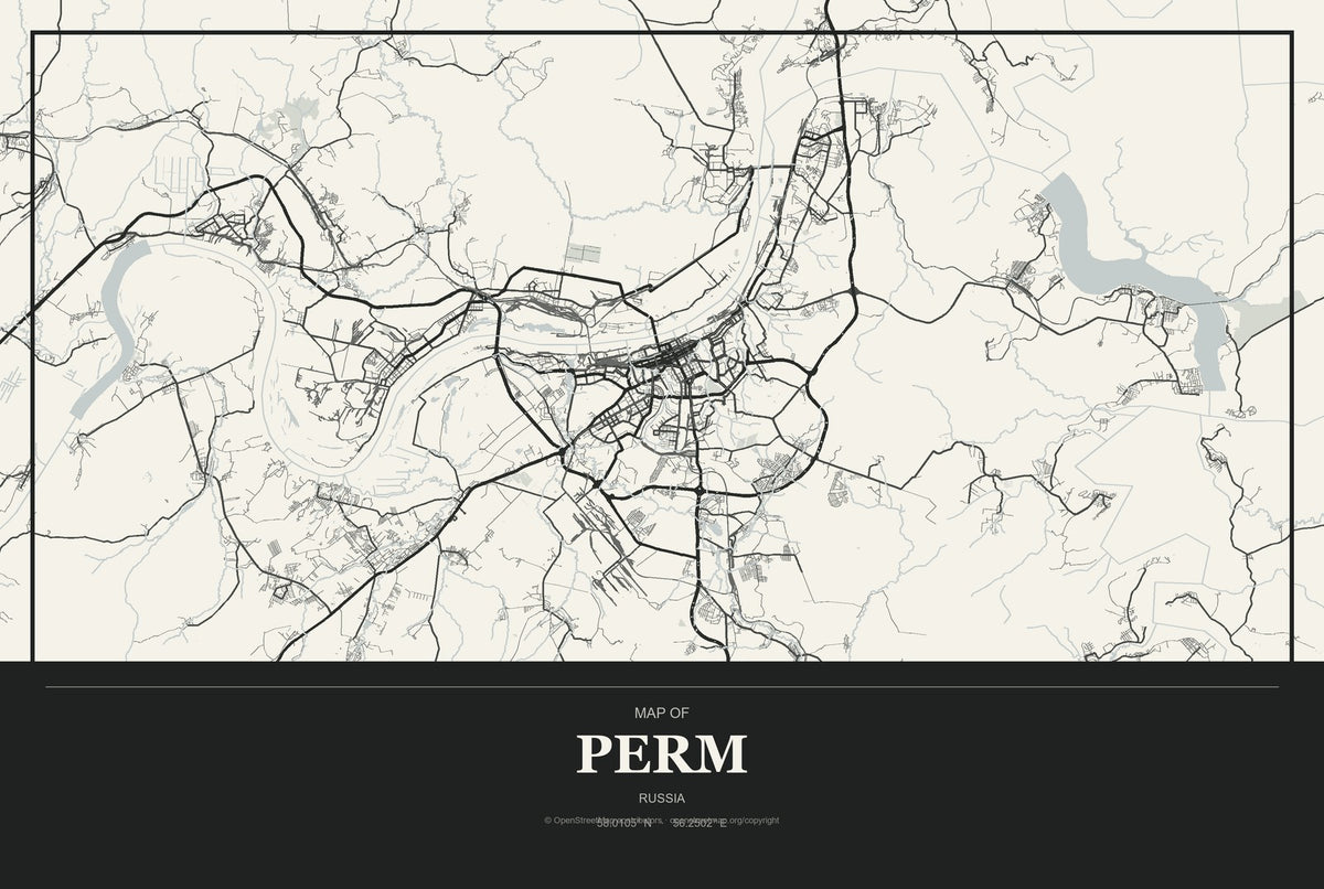 Perm, Russia City Map Aluminum Sign in Museum Plaque style