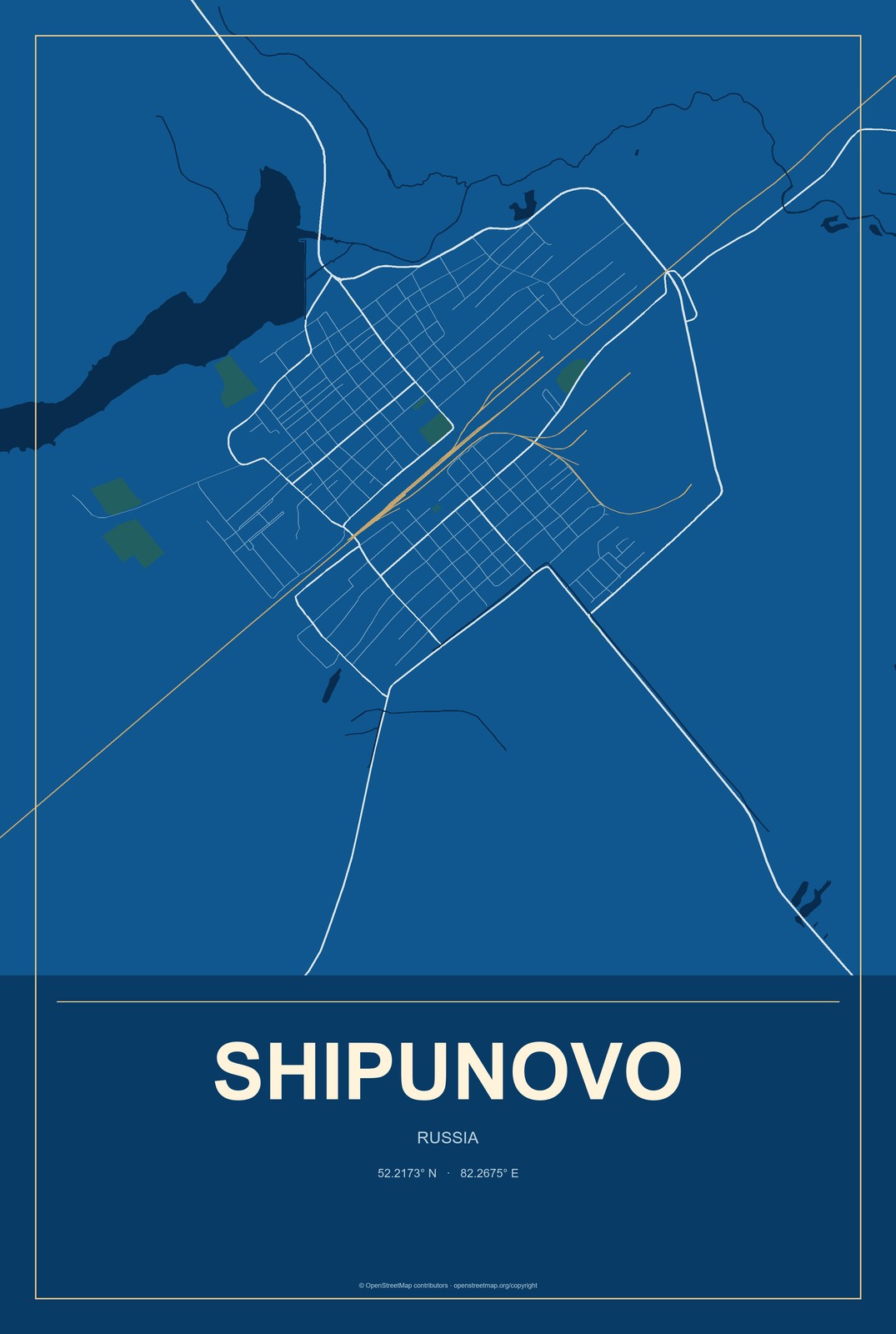 Shipunovo, Russia City Map Aluminum Sign in Harbor Cobalt style