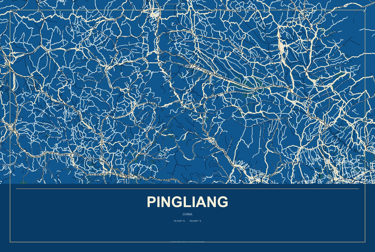 Pingliang, China City Map Aluminum Sign in Harbor Cobalt style