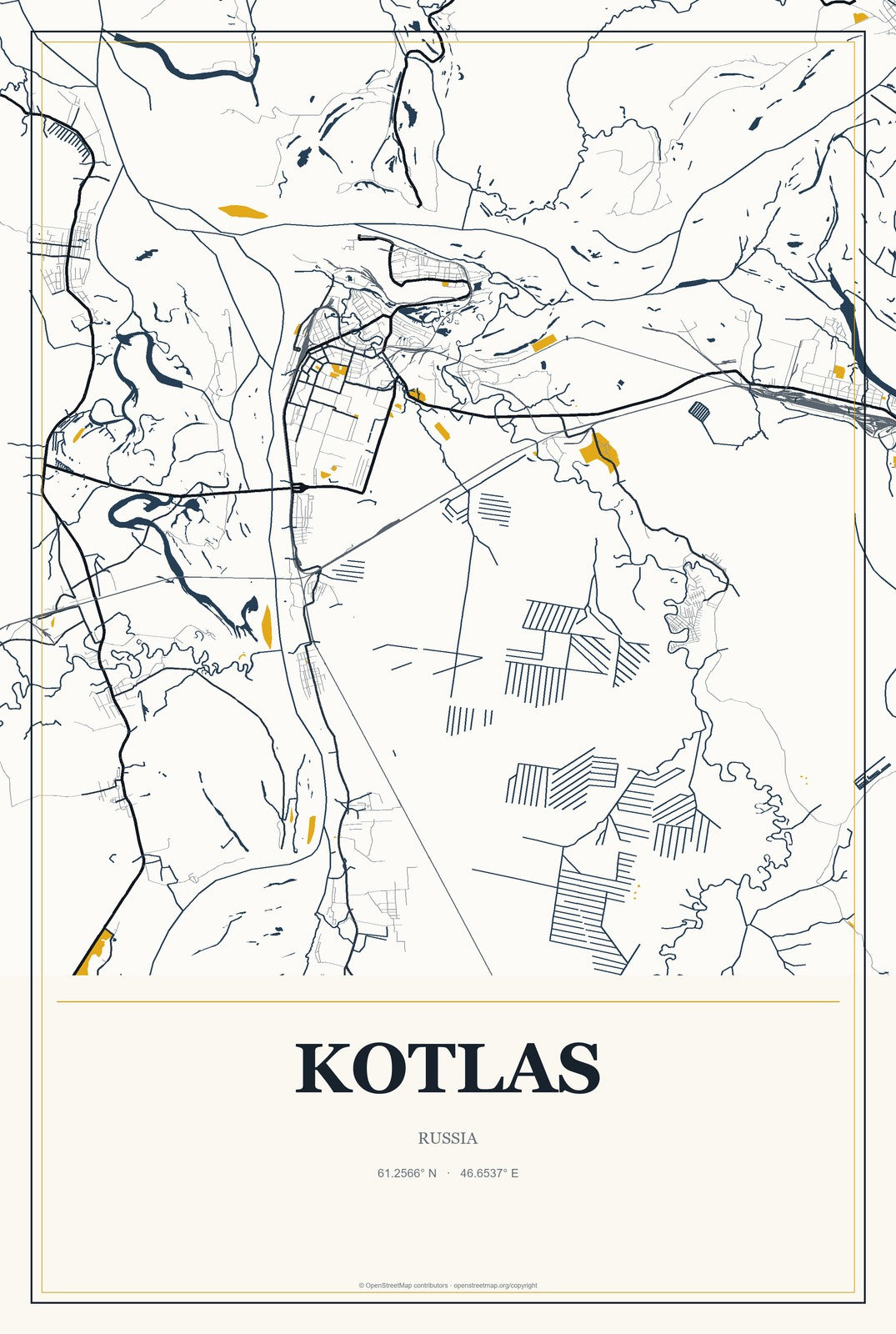 Kotlas, Russia City Map Aluminum Sign in Citrine Modern style
