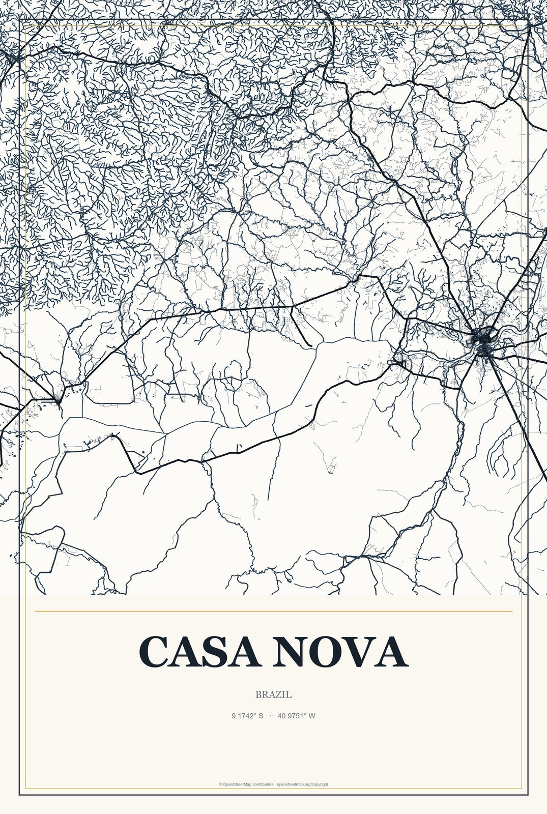 Casa Nova, Brazil City Map Aluminum Sign in Citrine Modern style