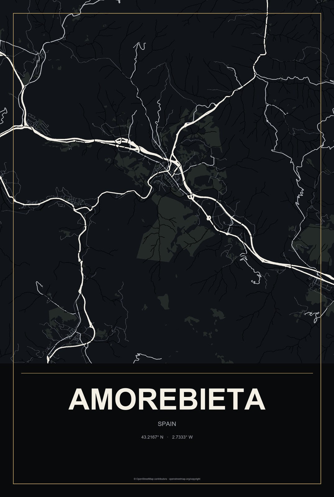 Amorebieta, Spain City Map Aluminum Sign in Metropolitan Noir style