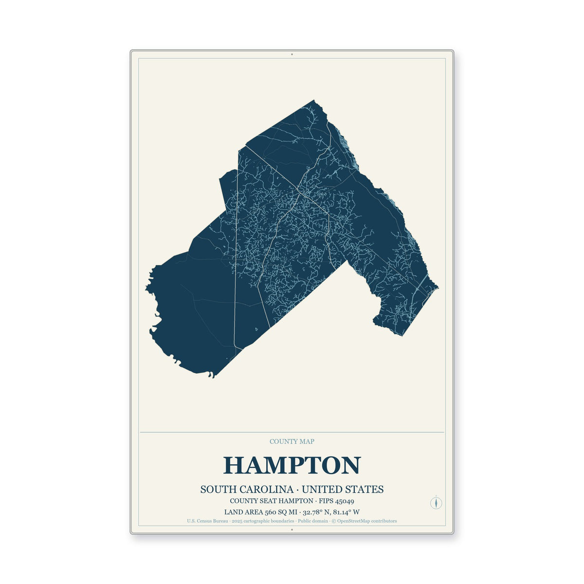 Hampton County, South Carolina Map Aluminum Sign in Coastal Cutout style