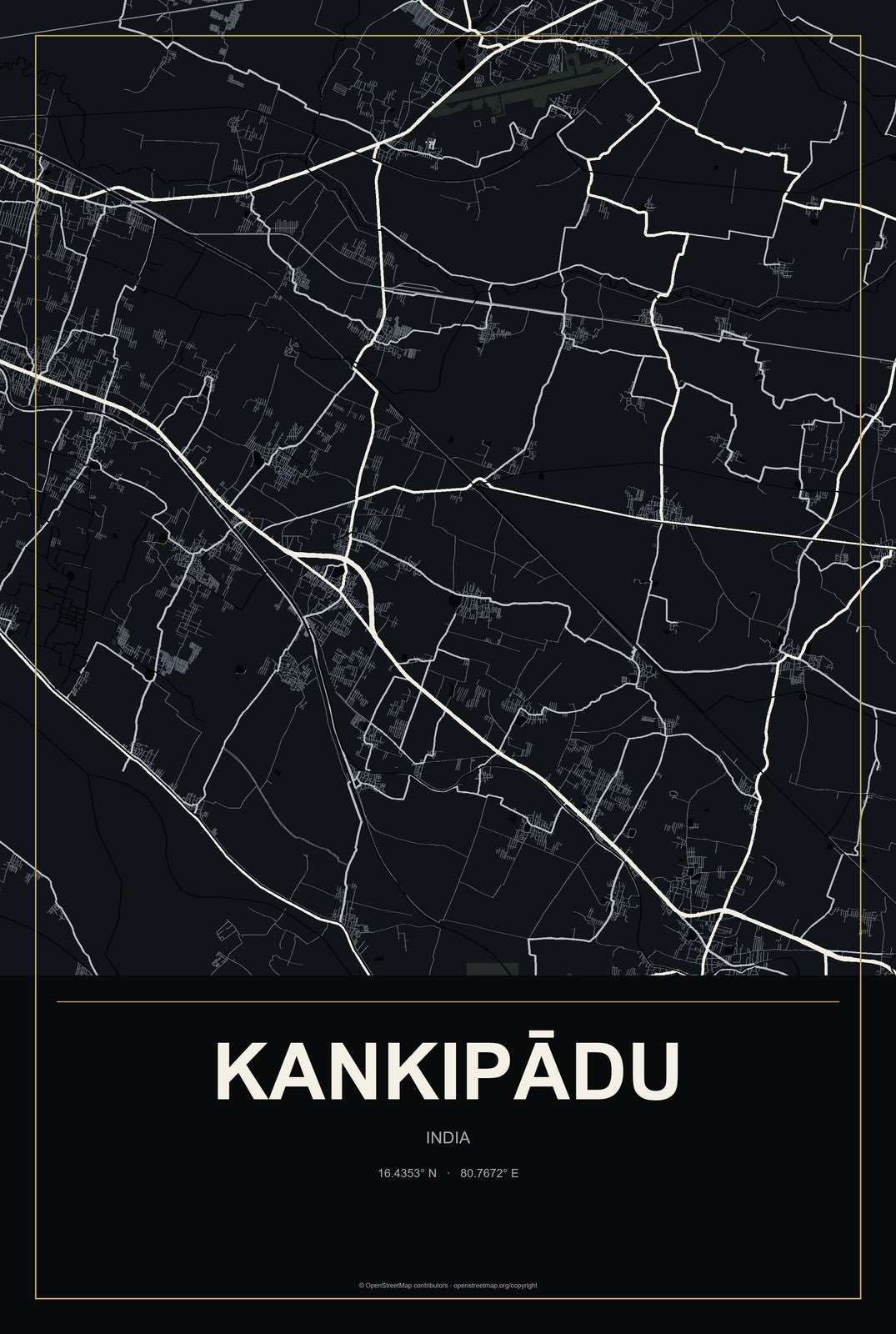 Kankipādu, India City Map Aluminum Sign in Metropolitan Noir style
