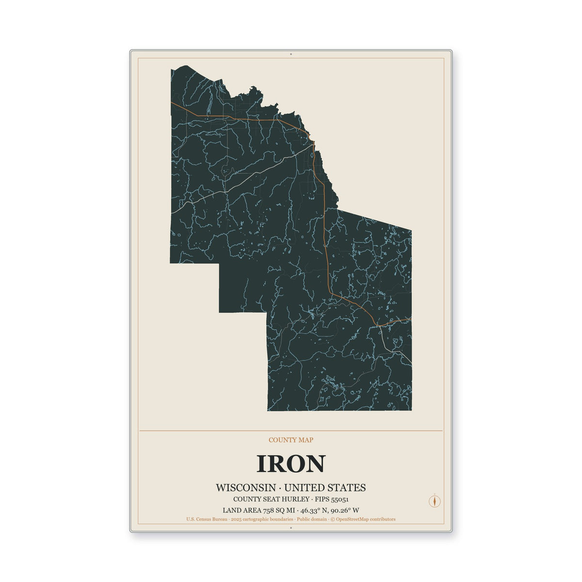 Iron County, Wisconsin Map Aluminum Sign in Headline Atlas style