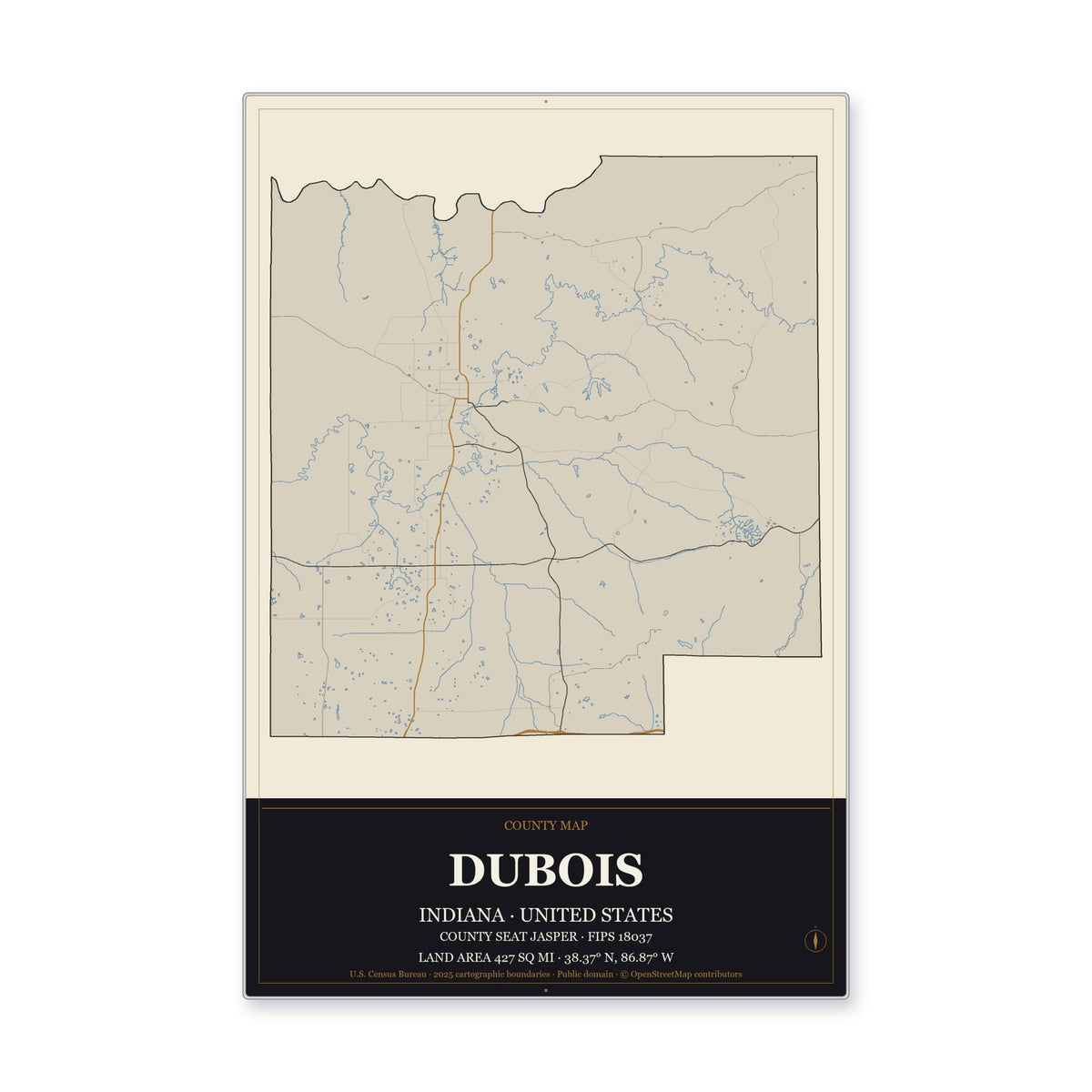 Dubois County, Indiana Map Aluminum Sign in Museum Plaque style