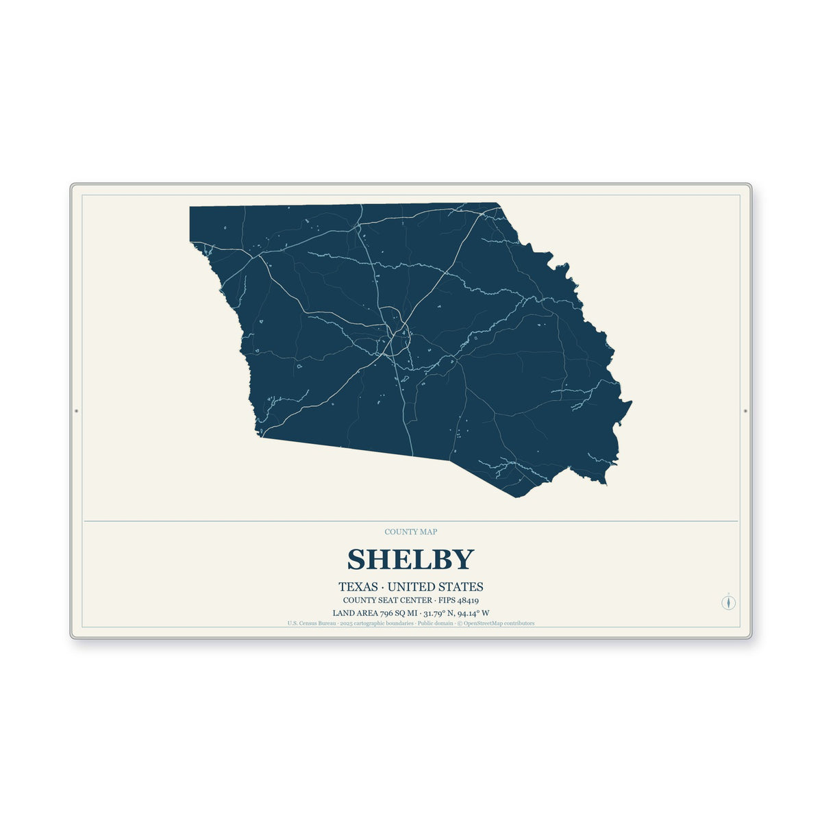 Shelby County, Texas Map Aluminum Sign in Coastal Cutout style
