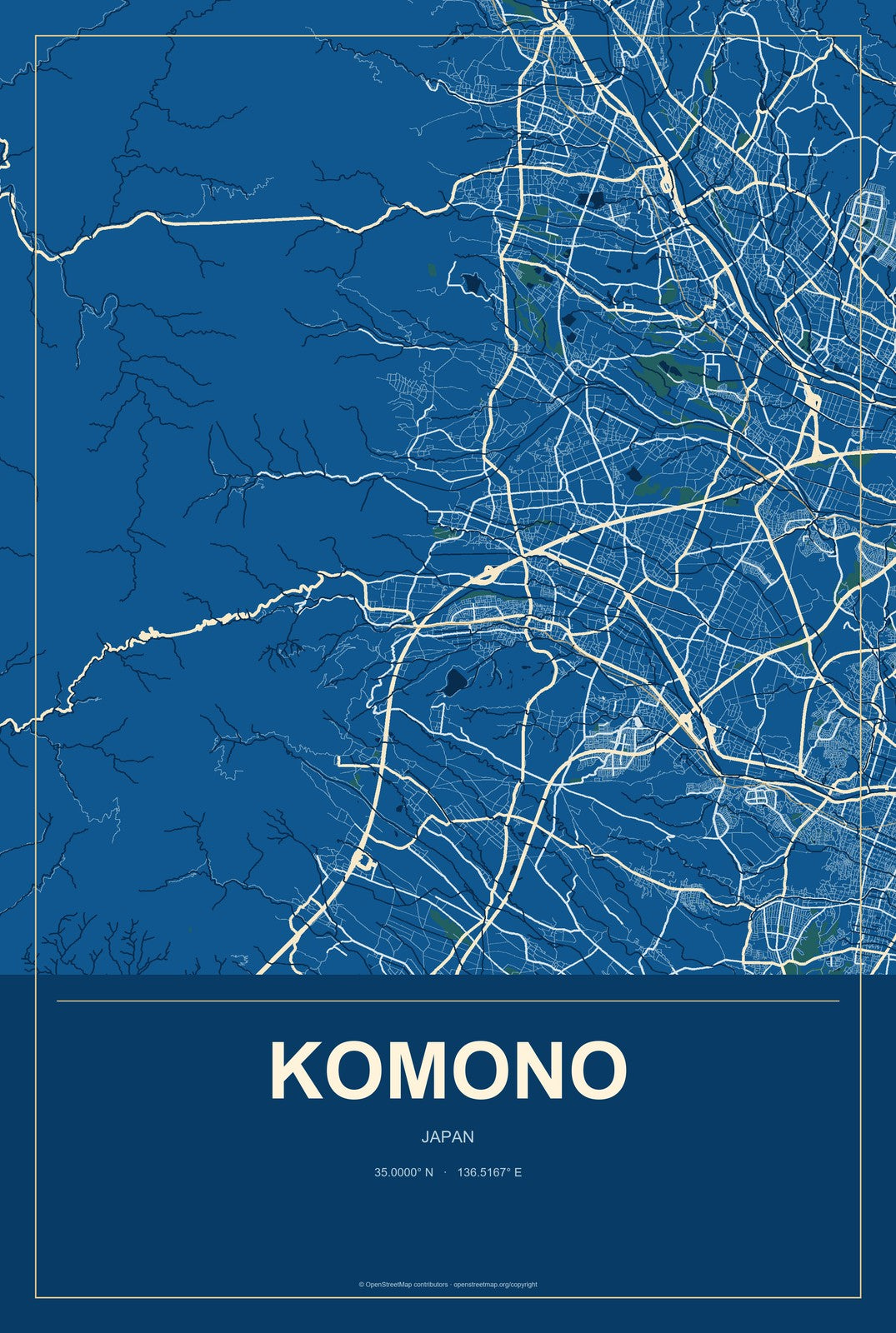Komono, Japan City Map Aluminum Sign in Harbor Cobalt style