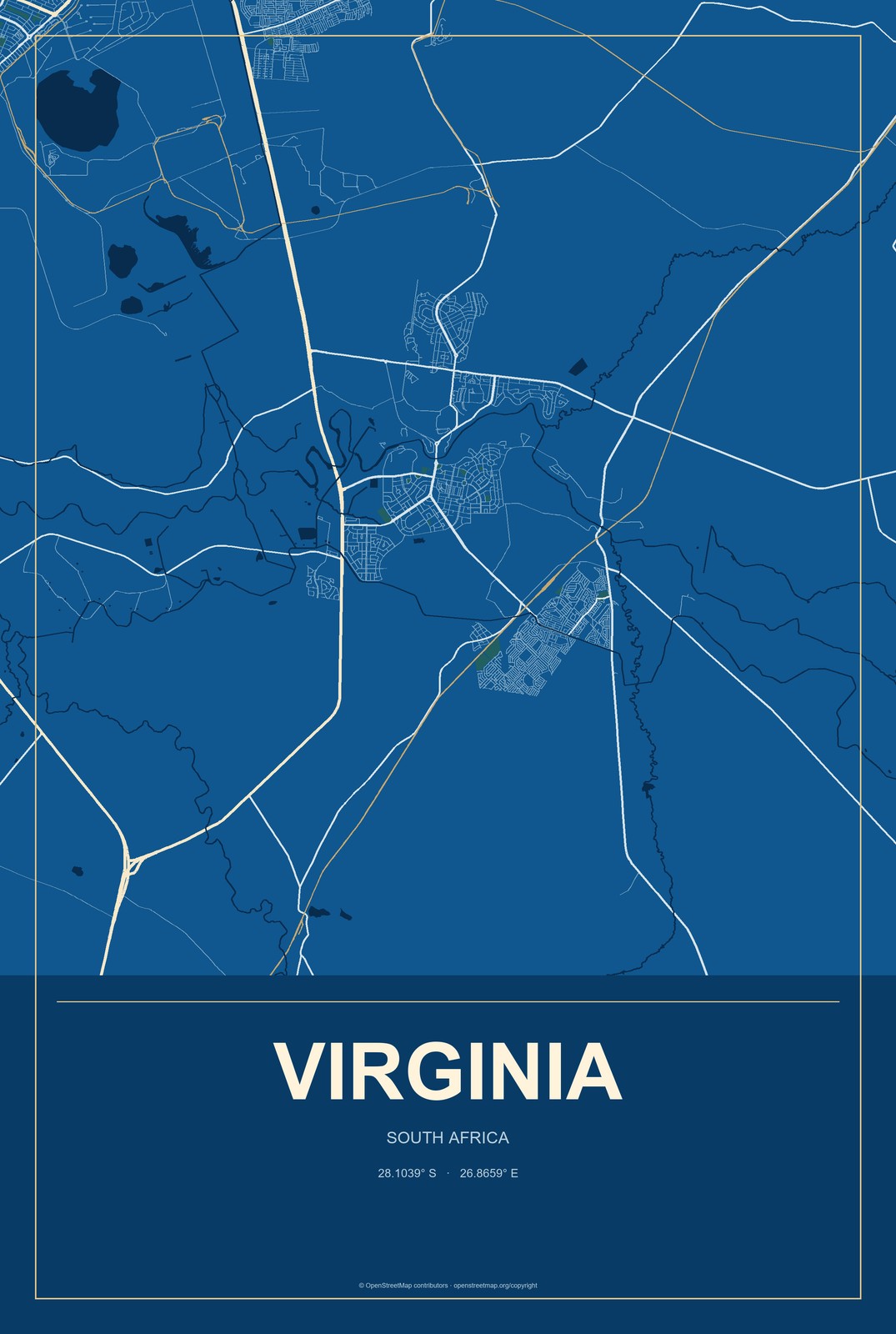 Virginia, South Africa City Map Aluminum Sign in Harbor Cobalt style