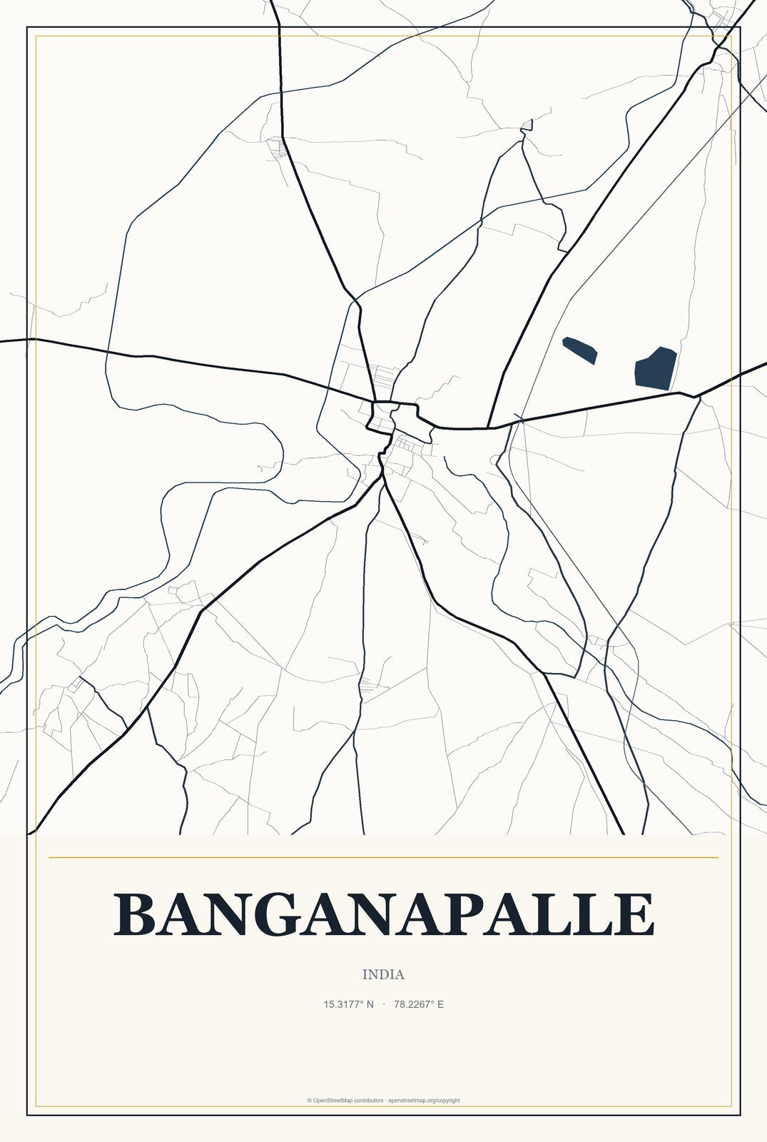 Banganapalle, India City Map Aluminum Sign in Citrine Modern style