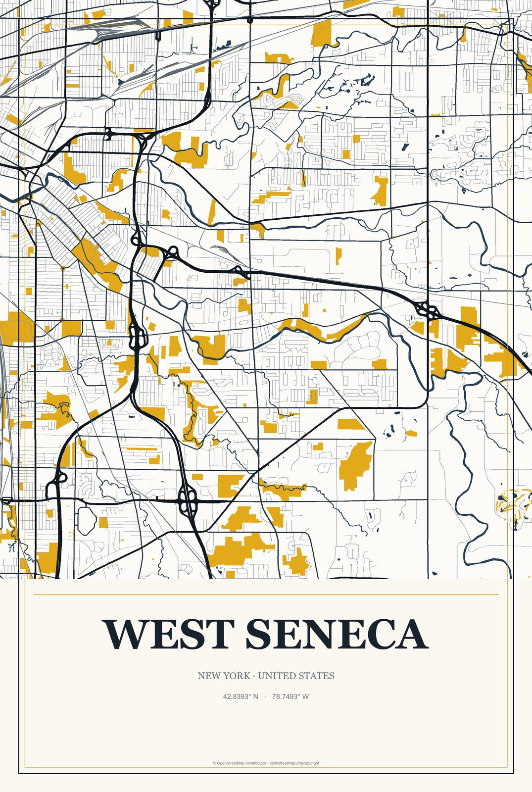 West Seneca, New York City Map Aluminum Sign in Citrine Modern style