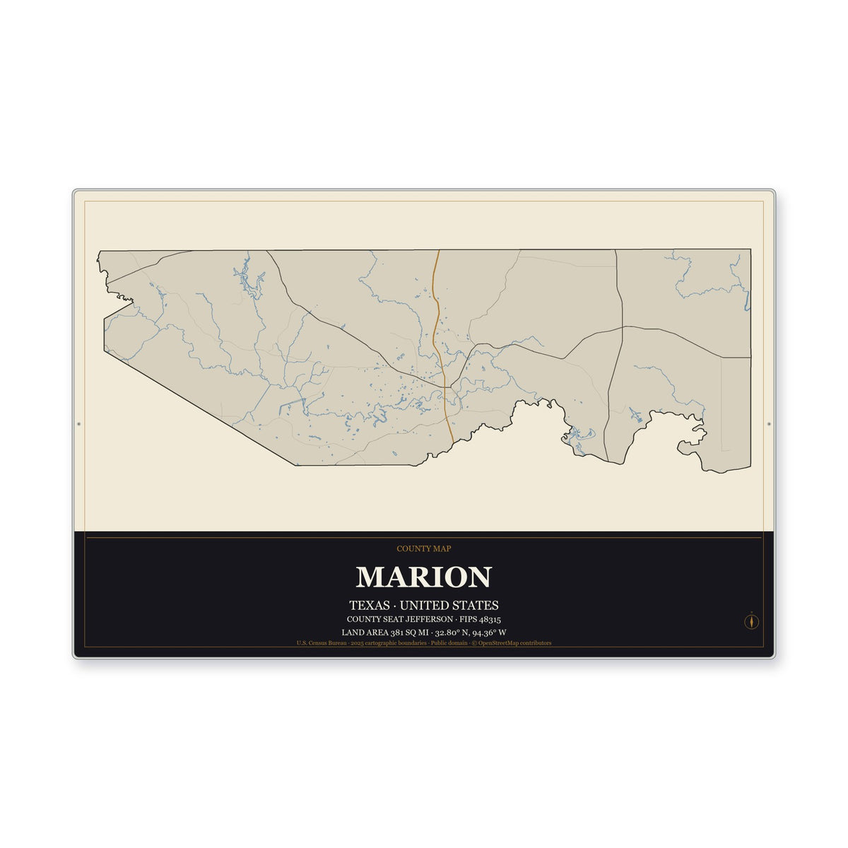 Marion County, Texas Map Aluminum Sign in Museum Plaque style