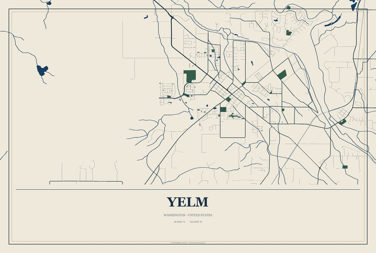 Yelm, Washington City Map Aluminum Sign in Coastal Cutout style