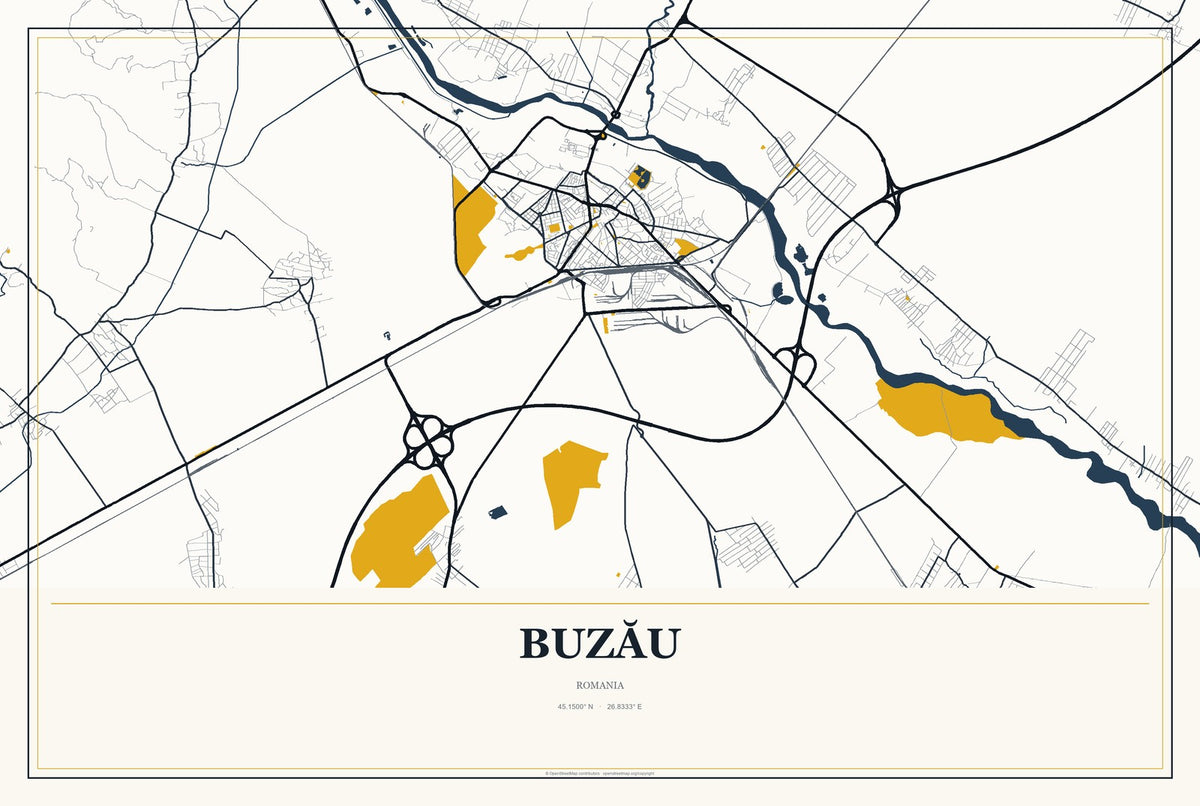 Buzău, Romania City Map Aluminum Sign in Citrine Modern style