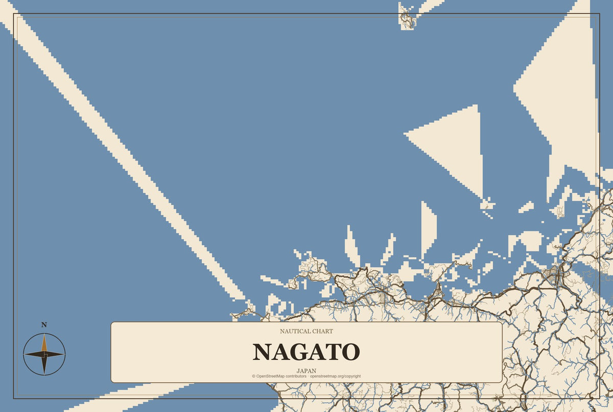 Nagato, Japan City Map Aluminum Sign in Heritage Nautical style