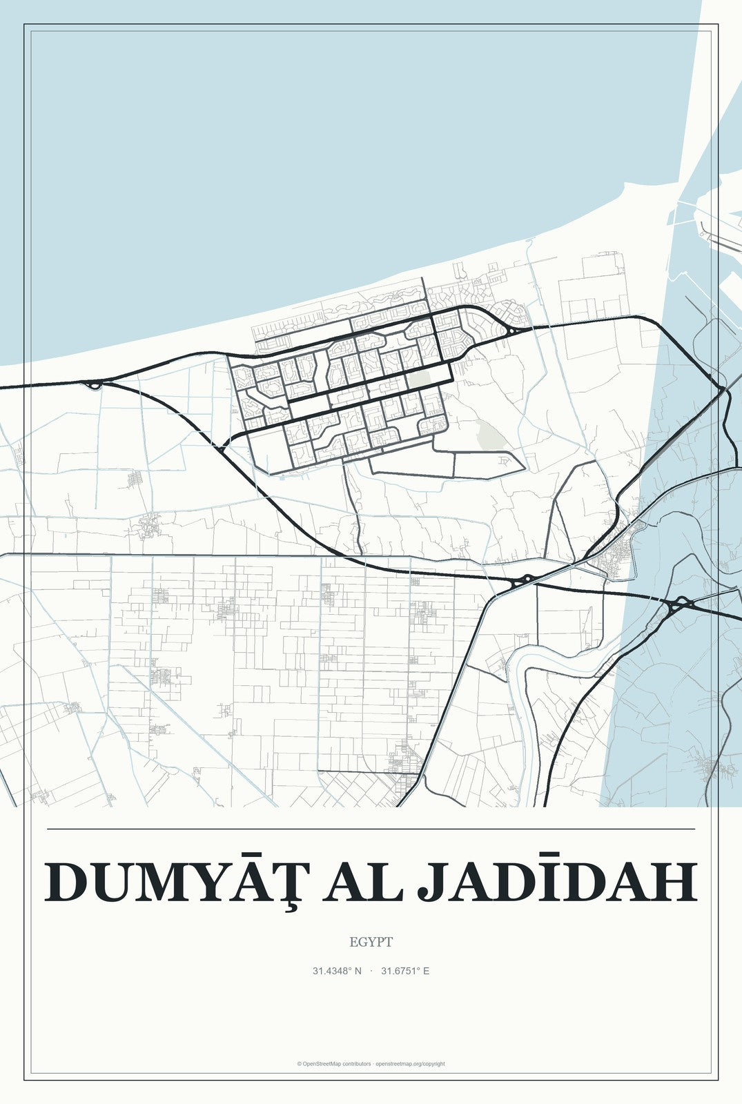Dumyāţ al Jadīdah, Egypt City Map Aluminum Sign in Gallery Air style