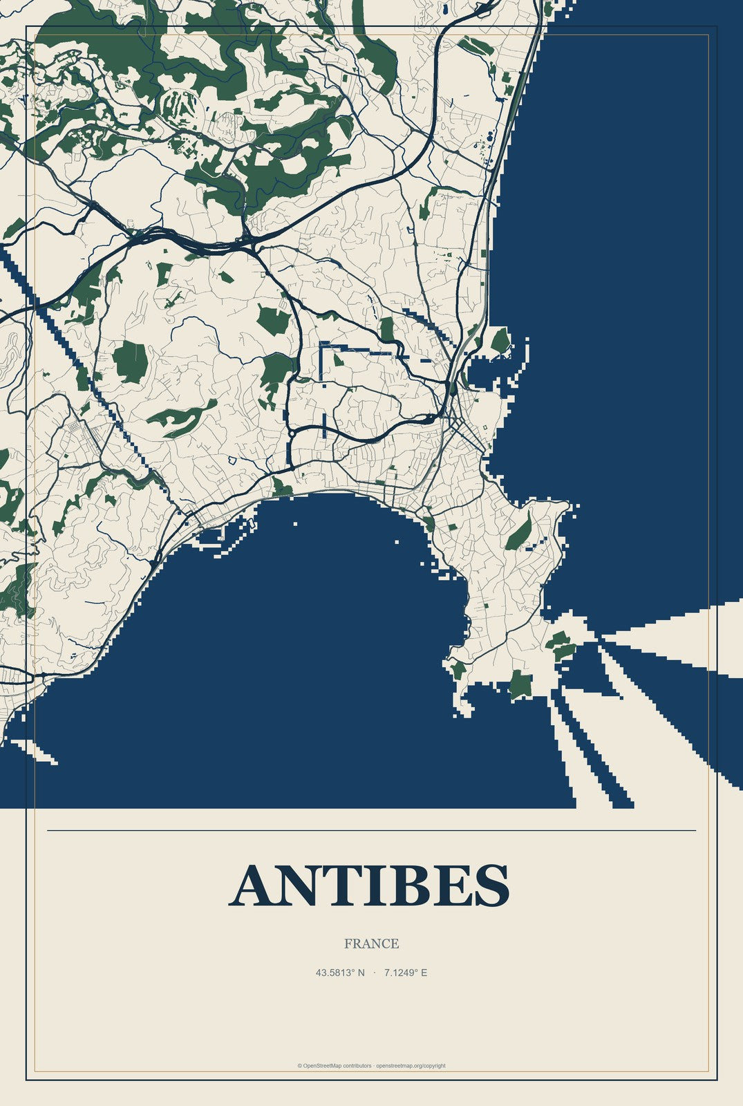 Antibes, France City Map Aluminum Sign in Coastal Cutout style