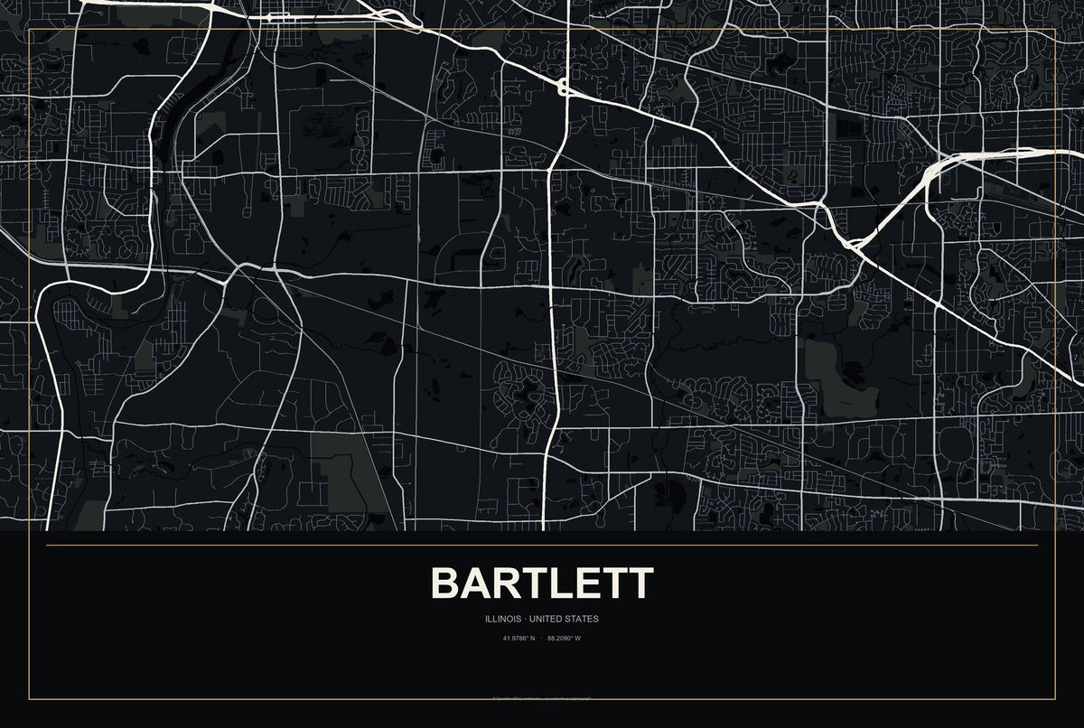 Bartlett, Illinois City Map Aluminum Sign in Metropolitan Noir style