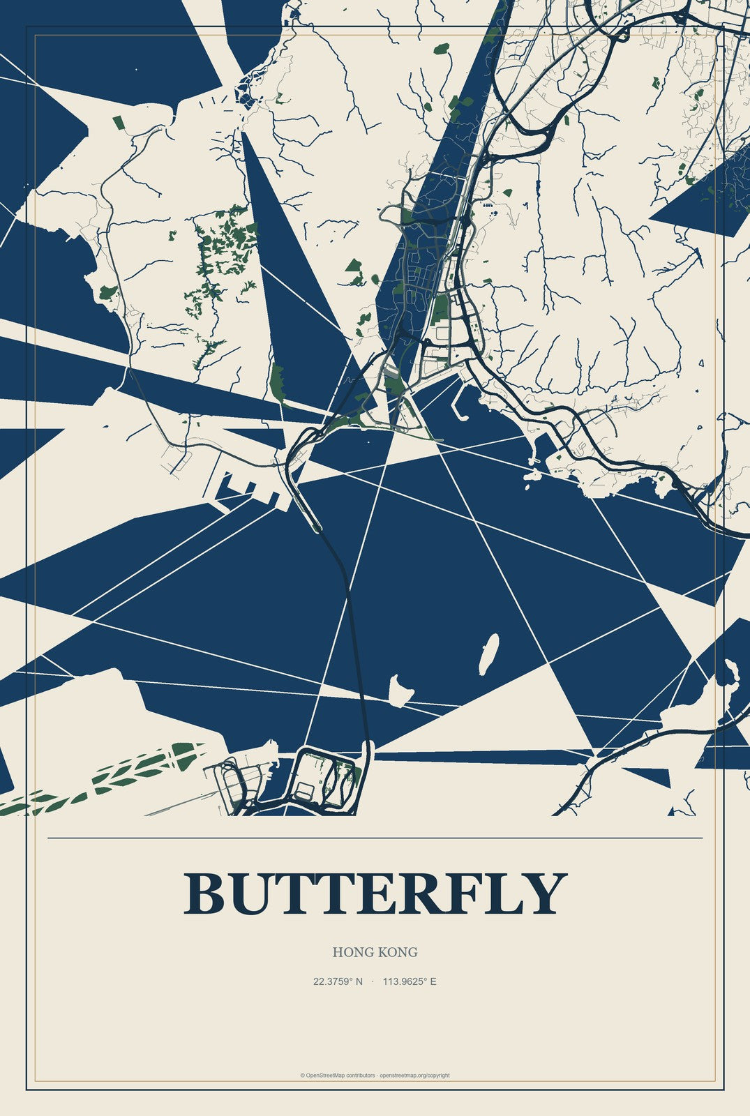 Butterfly, Hong Kong City Map Aluminum Sign in Coastal Cutout style