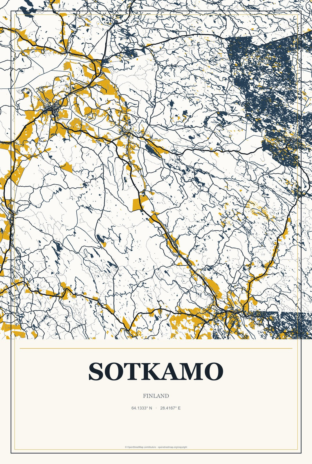 Sotkamo, Finland City Map Aluminum Sign in Citrine Modern style