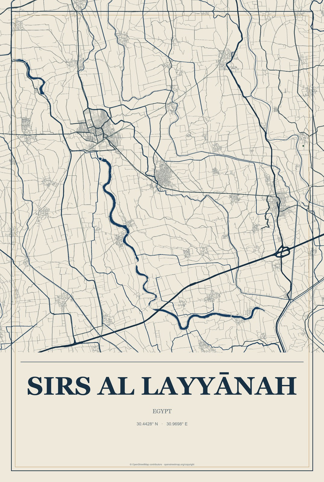 Sirs al Layyānah, Egypt City Map Aluminum Sign in Coastal Cutout style