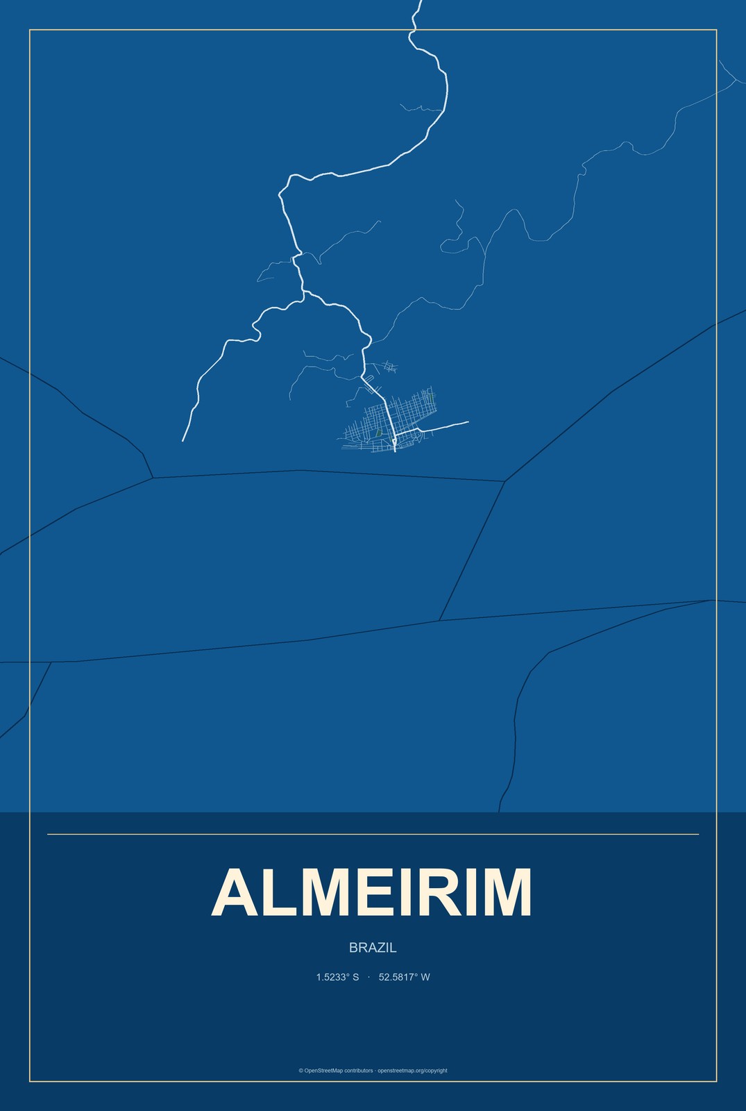Almeirim, Brazil City Map Aluminum Sign in Harbor Cobalt style