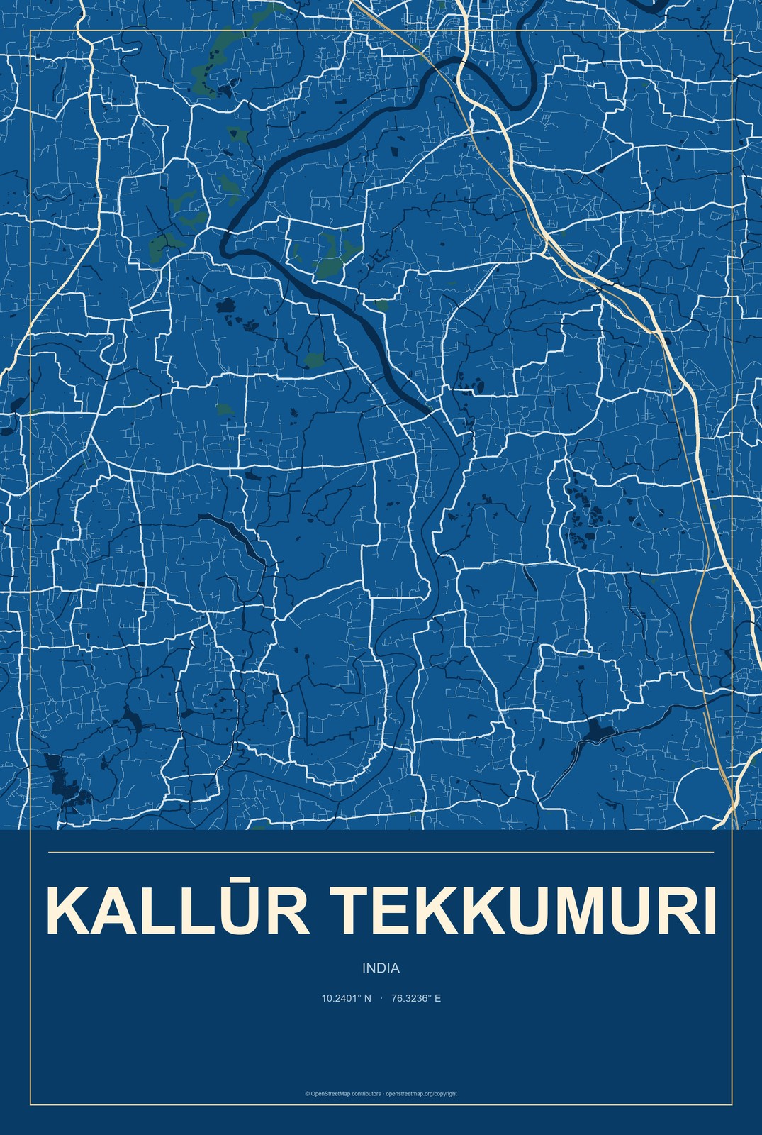 Kallūr Tekkumuri, India City Map Aluminum Sign in Harbor Cobalt style