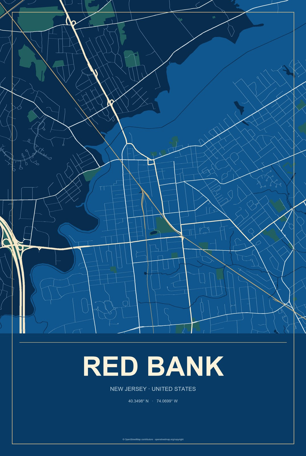 Red Bank, New Jersey City Map Aluminum Sign in Harbor Cobalt style