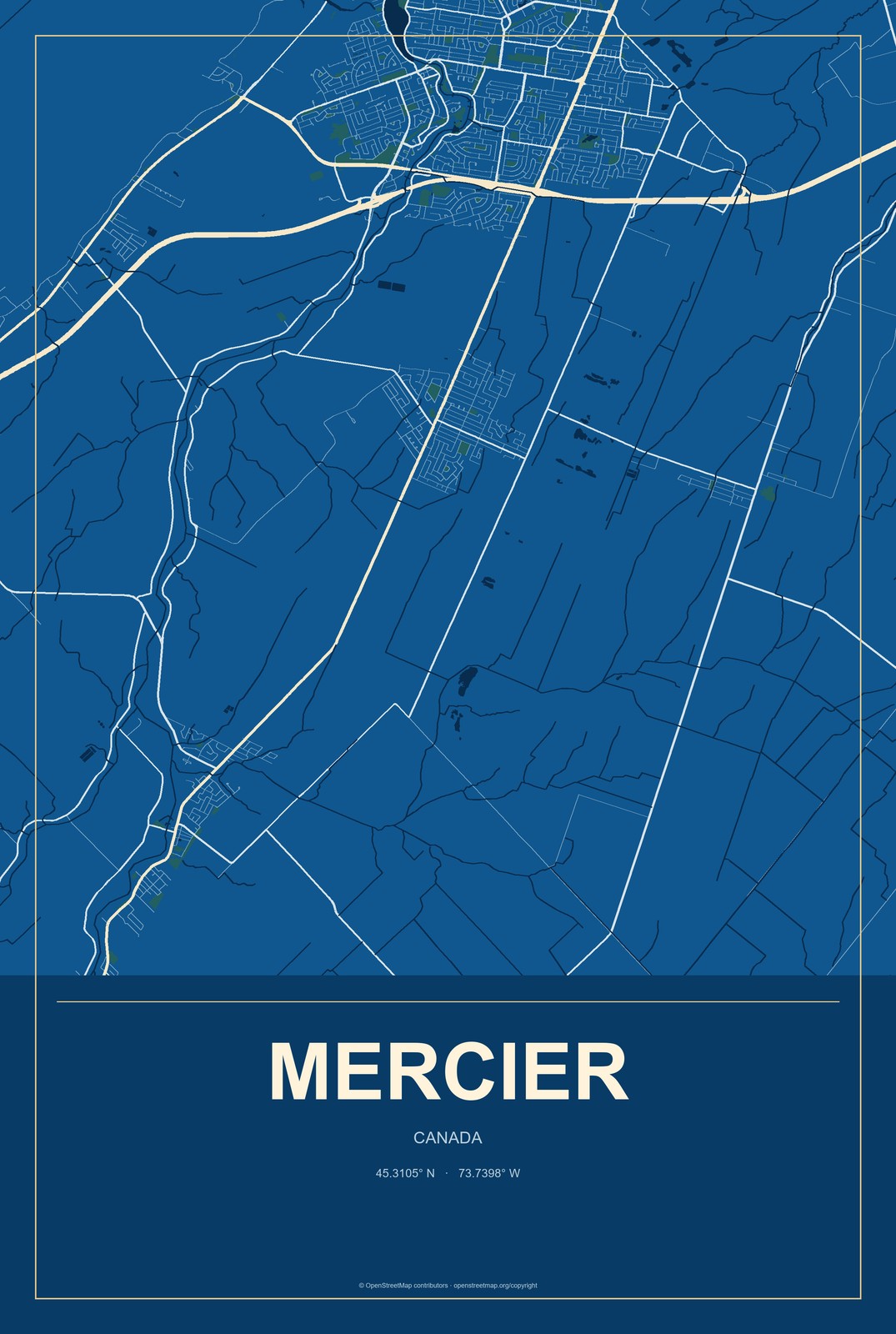 Mercier, Canada City Map Aluminum Sign in Harbor Cobalt style