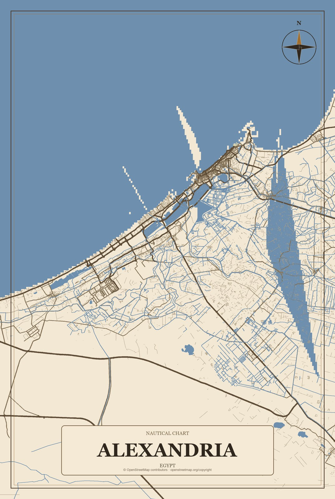 Alexandria, Egypt City Map Aluminum Sign in Heritage Nautical style