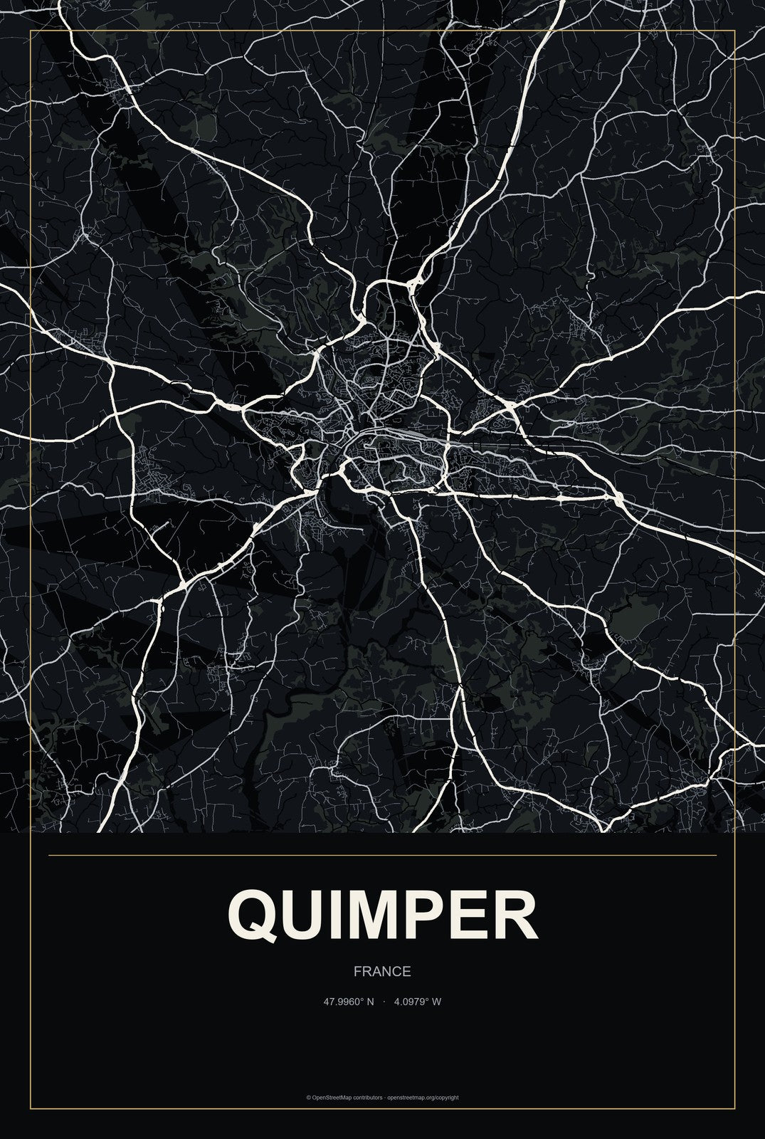 Quimper, France City Map Aluminum Sign in Metropolitan Noir style