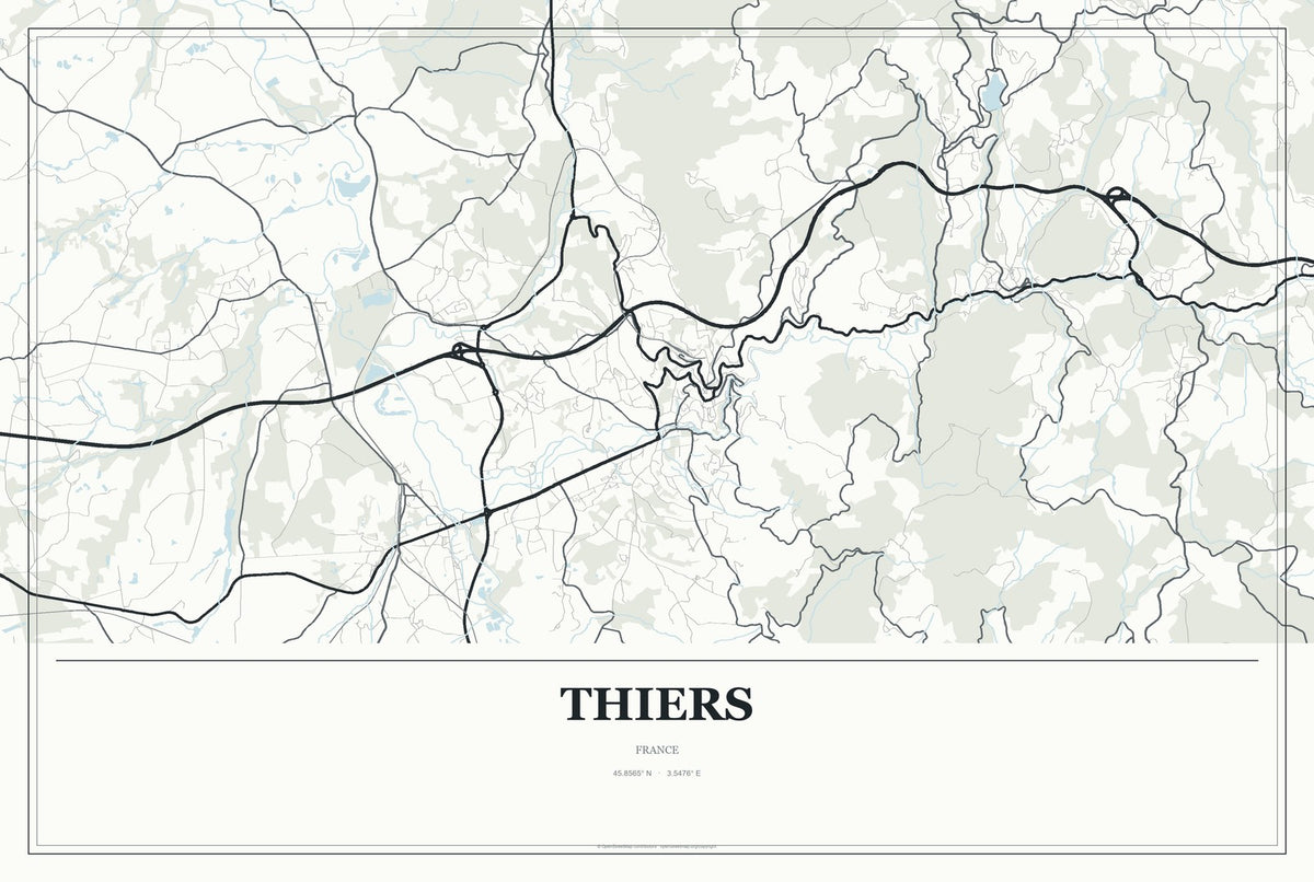 Thiers, France City Map Aluminum Sign in Gallery Air style