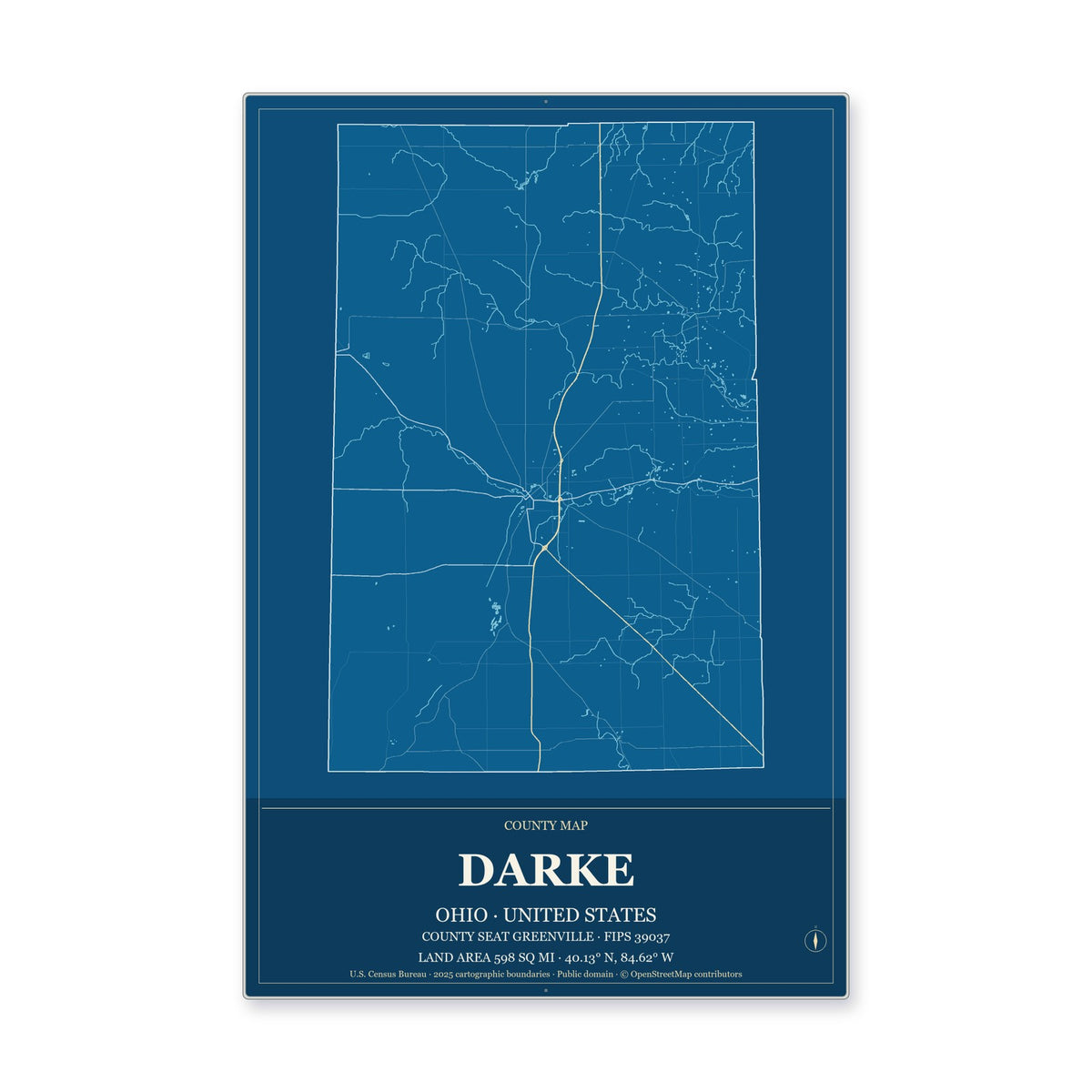 Darke County, Ohio Map Aluminum Sign in Harbor Cobalt style
