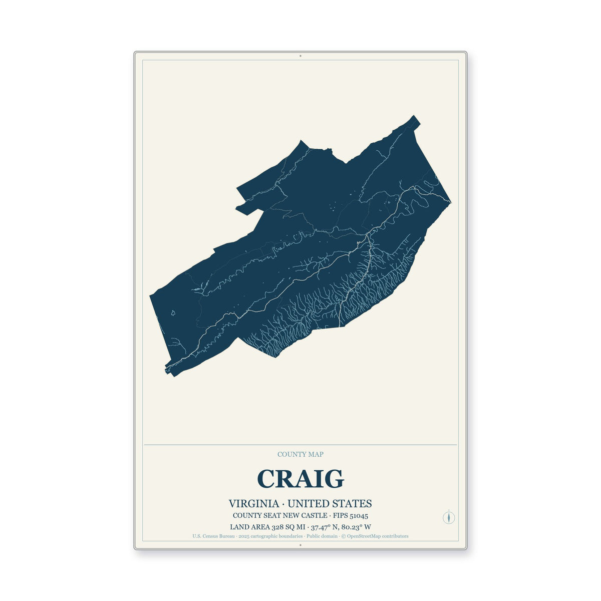 Craig County, Virginia Map Aluminum Sign in Coastal Cutout style