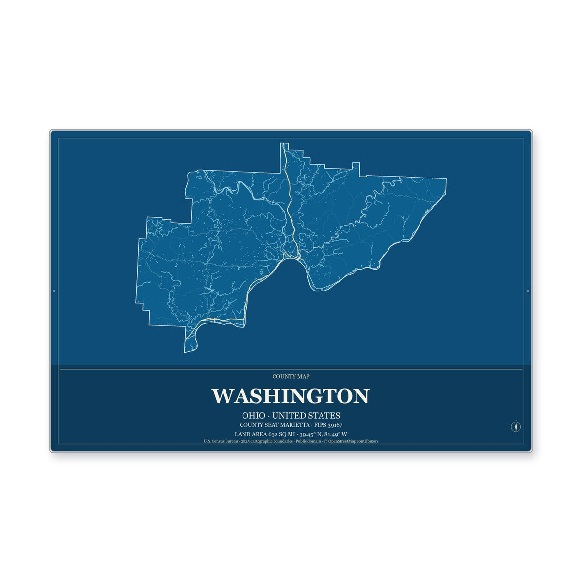 Washington County, Ohio Map Aluminum Sign in Harbor Cobalt style