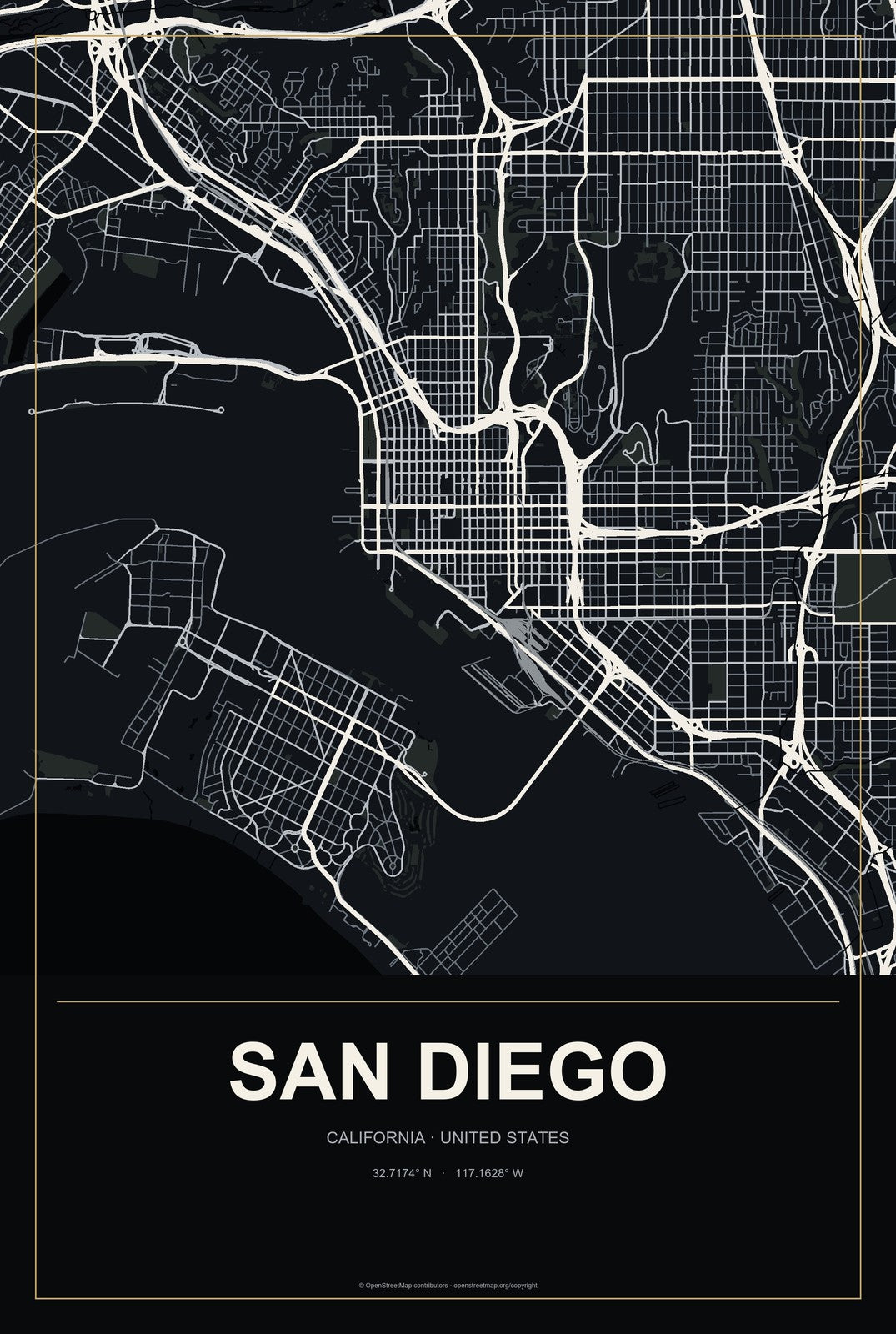 San Diego, California City Map Aluminum Sign in Metropolitan Noir style