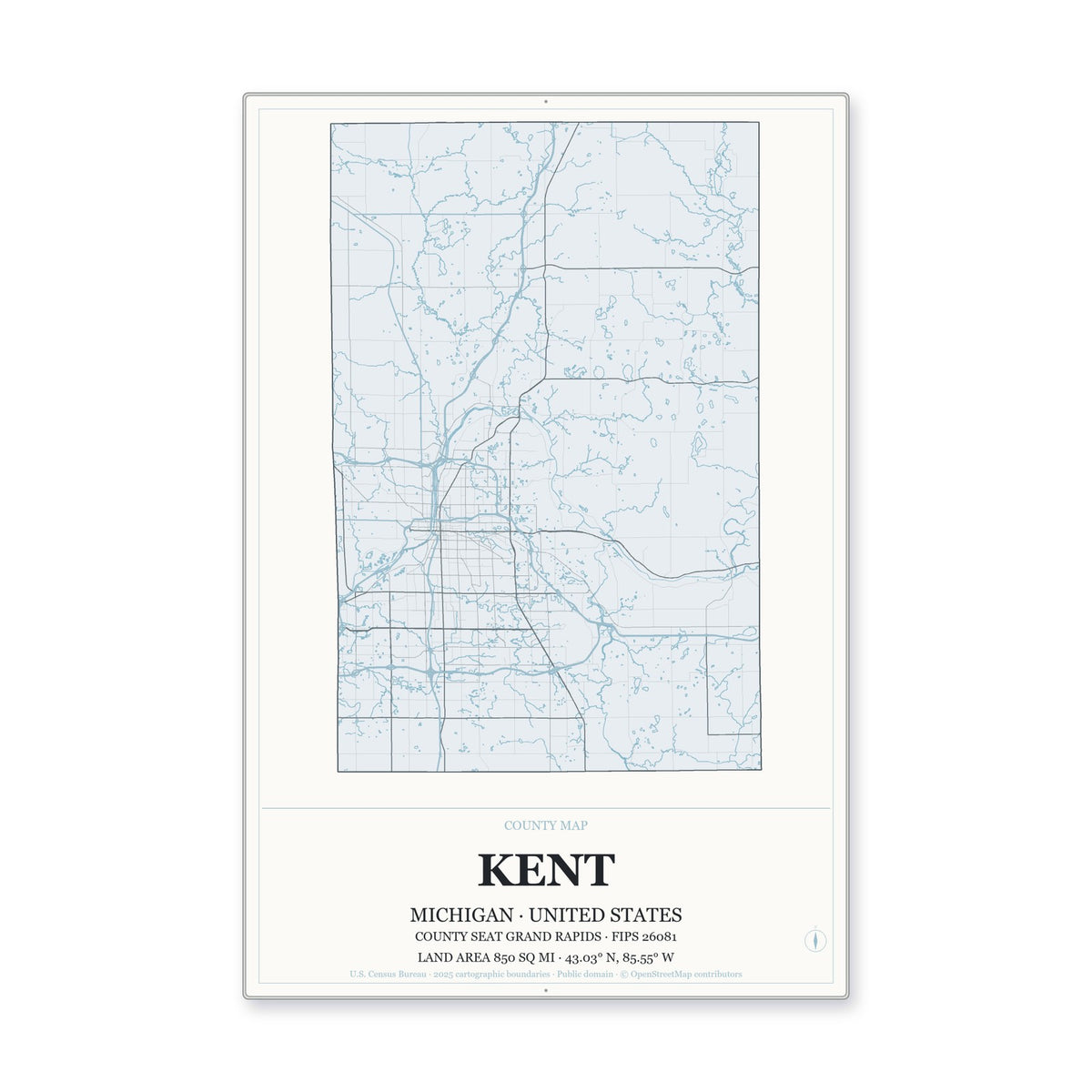 Kent County, Michigan Map Aluminum Sign in Gallery Air style