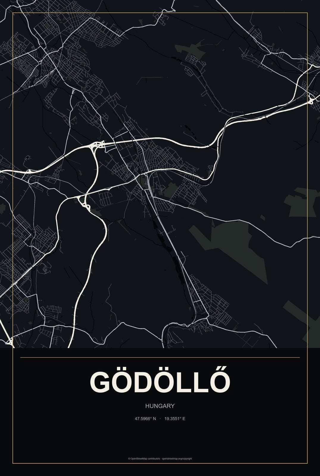 Gödöllő, Hungary City Map Aluminum Sign in Metropolitan Noir style