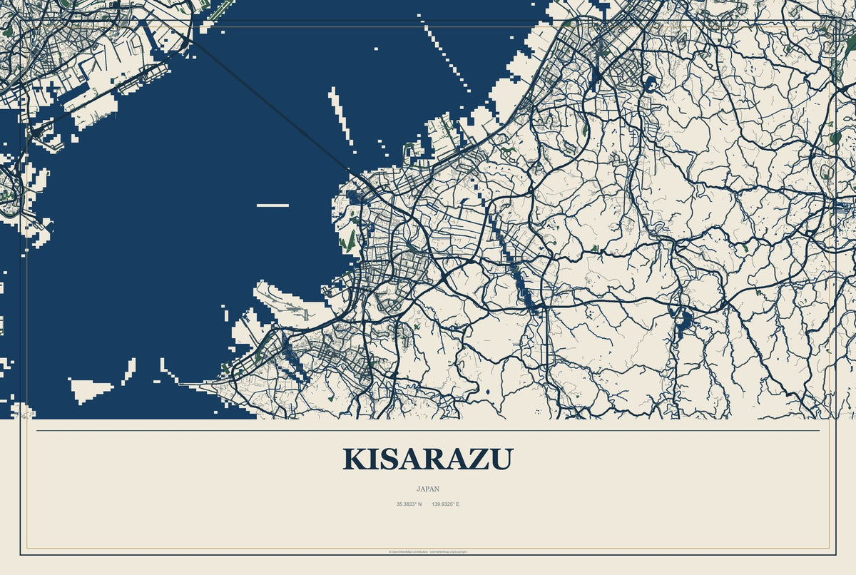 Kisarazu, Japan City Map Aluminum Sign in Coastal Cutout style