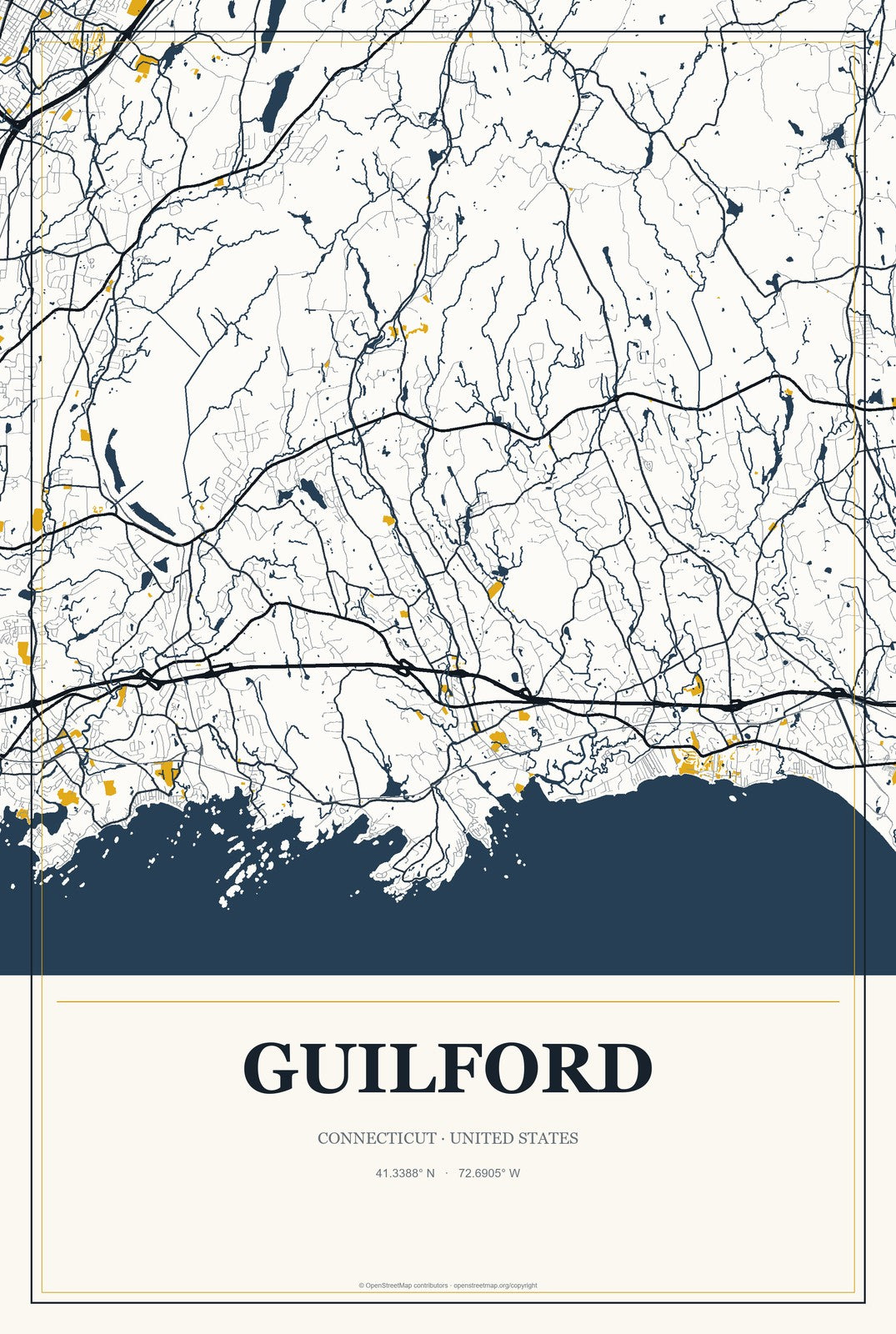 Guilford, Connecticut City Map Aluminum Sign in Citrine Modern style