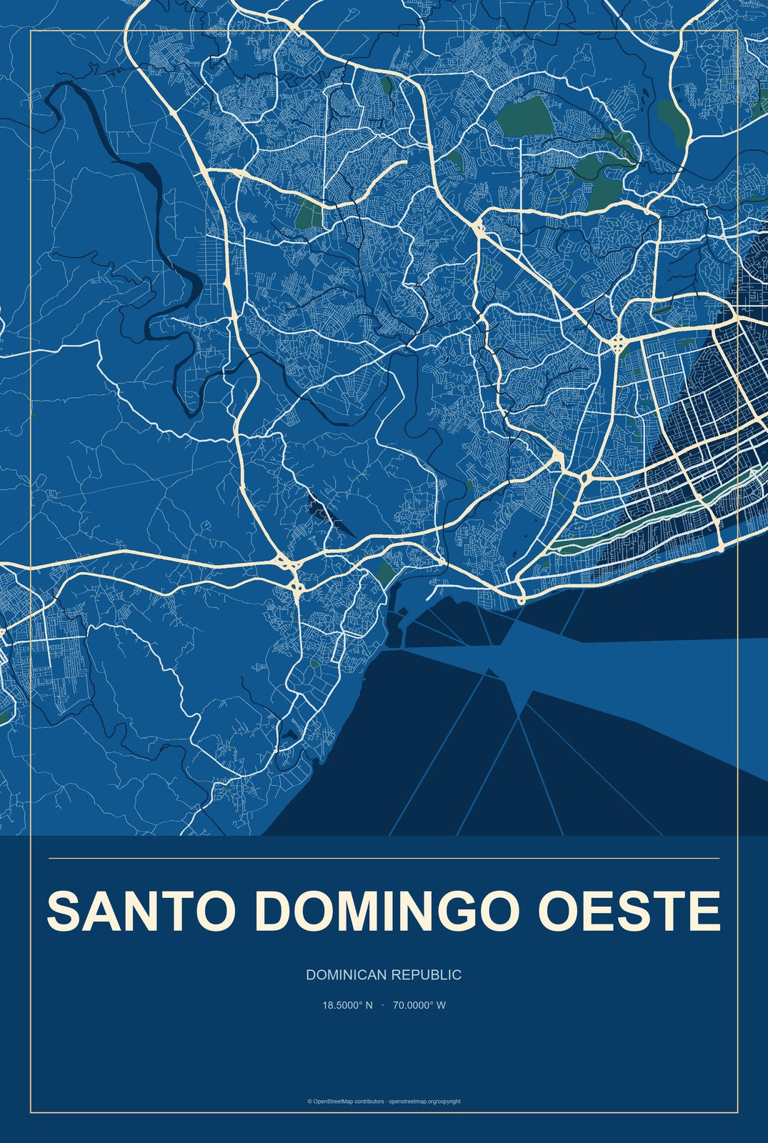Santo Domingo Oeste, Dominican Republic City Map Aluminum Sign in Harbor Cobalt style