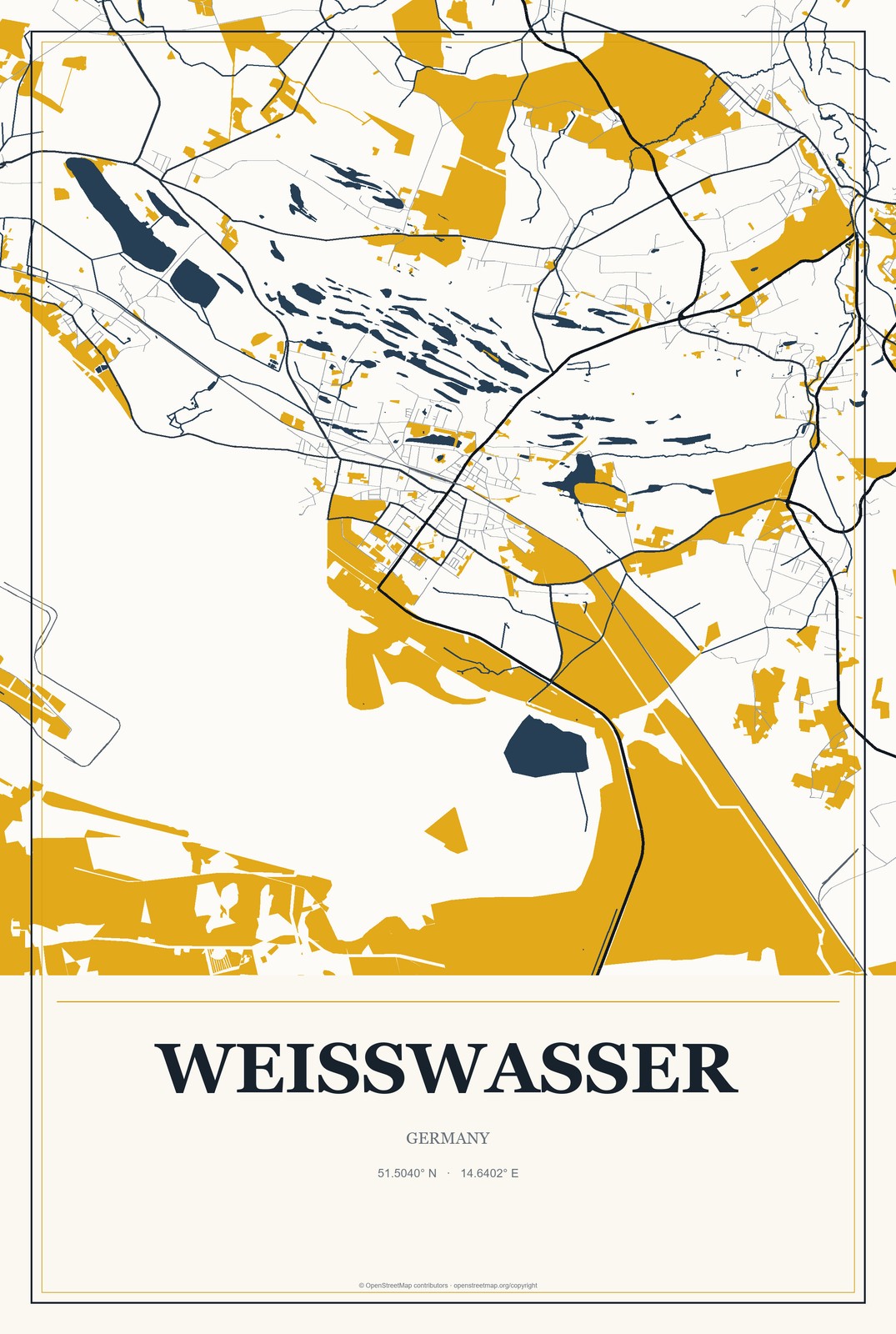 Weißwasser, Germany City Map Aluminum Sign in Citrine Modern style