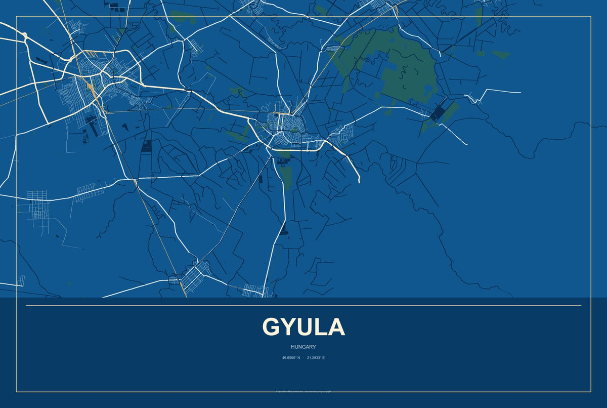 Gyula, Hungary City Map Aluminum Sign in Harbor Cobalt style