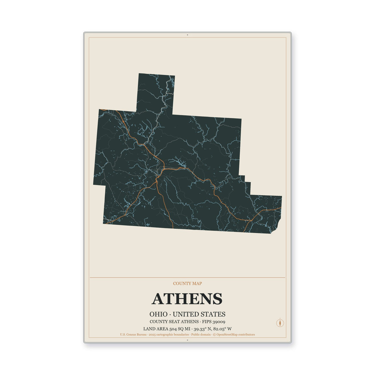 Athens County, Ohio Map Aluminum Sign in Headline Atlas style