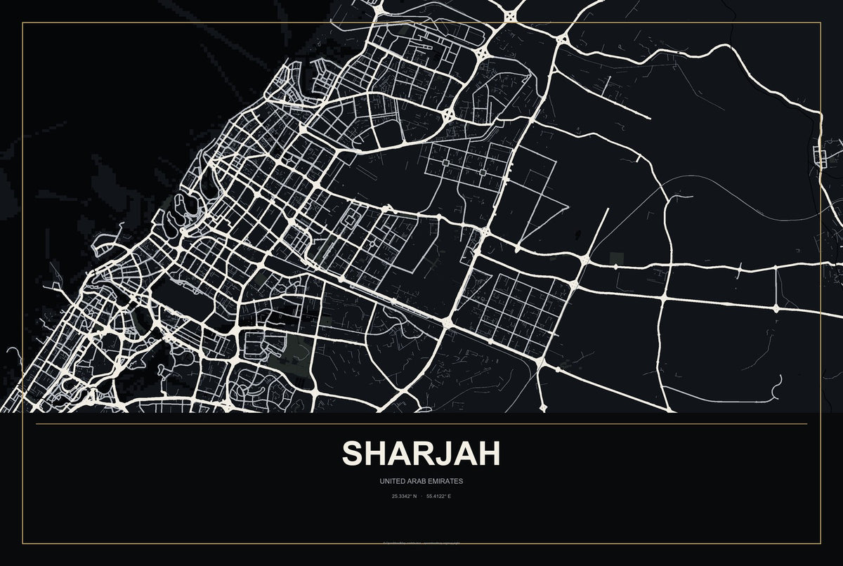 Sharjah, United Arab Emirates City Map Aluminum Sign in Metropolitan Noir style