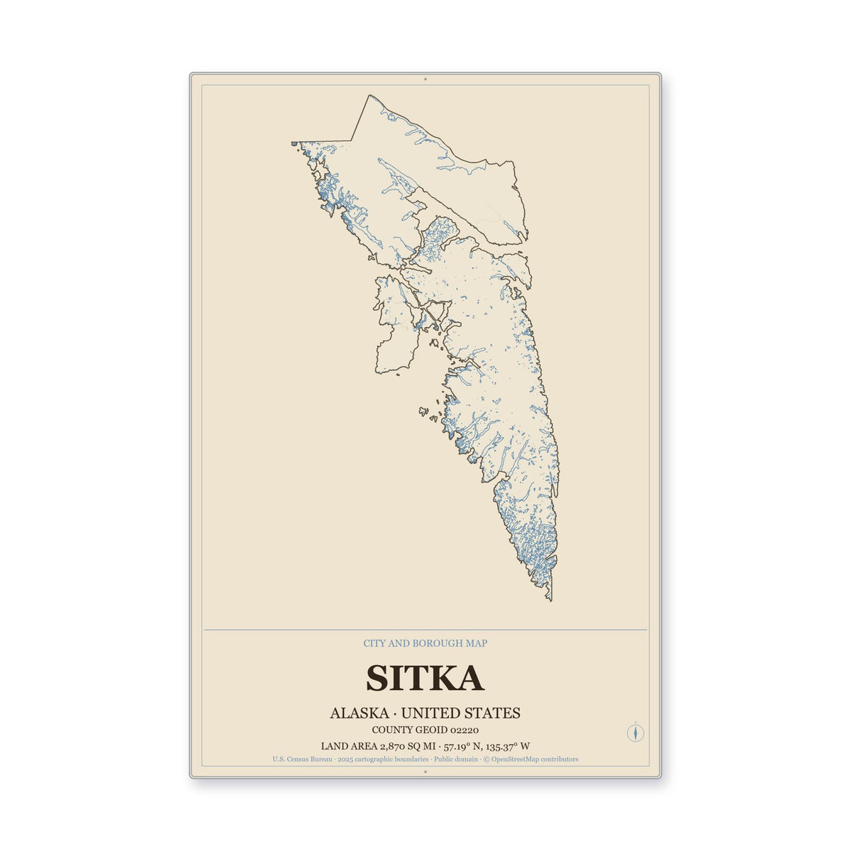 Sitka City and Borough, Alaska Map Aluminum Sign in Heritage Nautical style