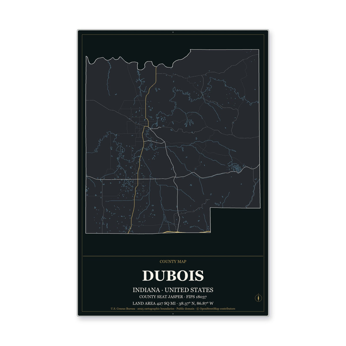 Dubois County, Indiana Map Aluminum Sign in Metropolitan Noir style