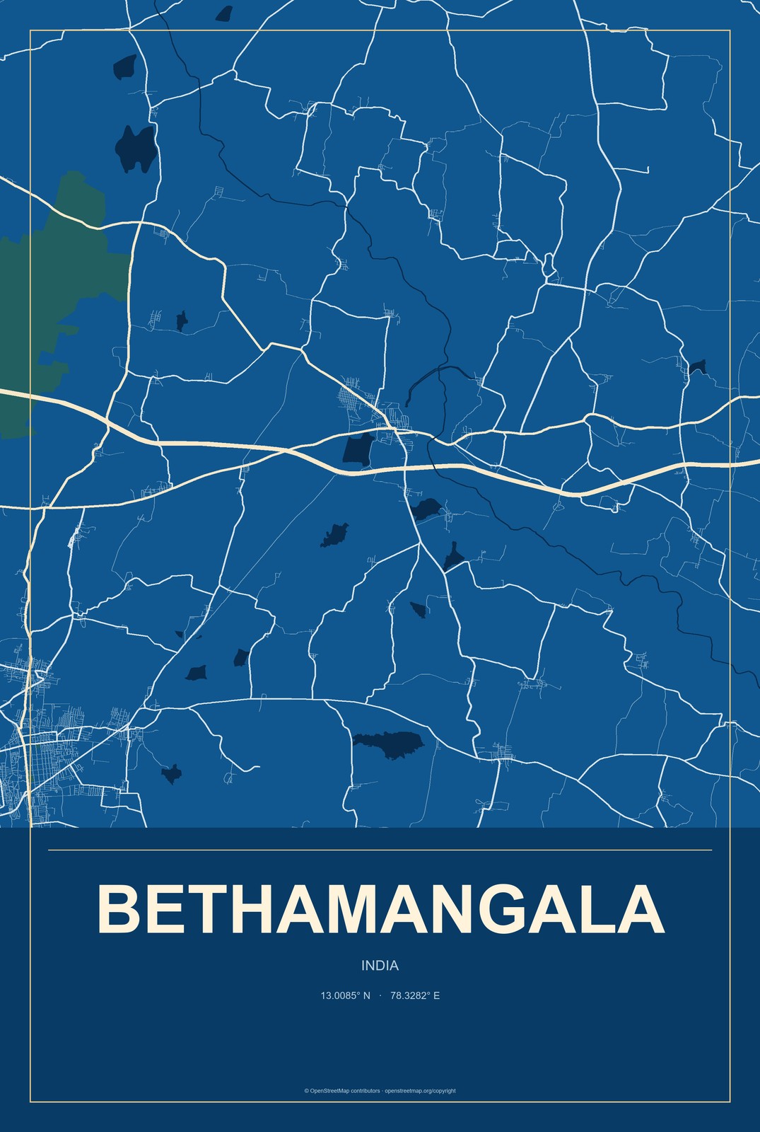 Bethamangala, India City Map Aluminum Sign in Harbor Cobalt style