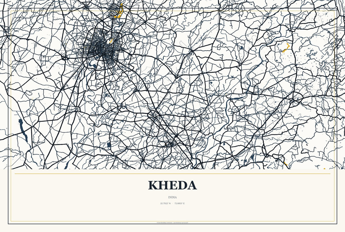 Kheda, India City Map Aluminum Sign in Citrine Modern style
